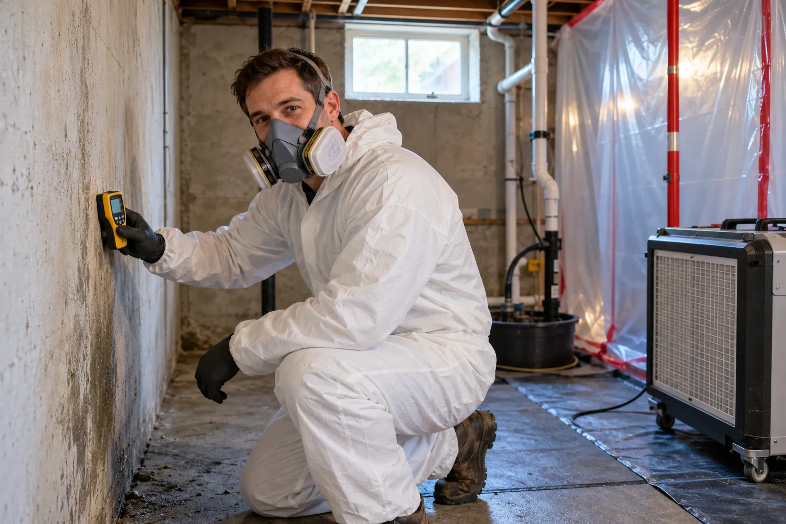 A local provider in protective gear inspecting a damp basement wall for black mold in a home in Eagle