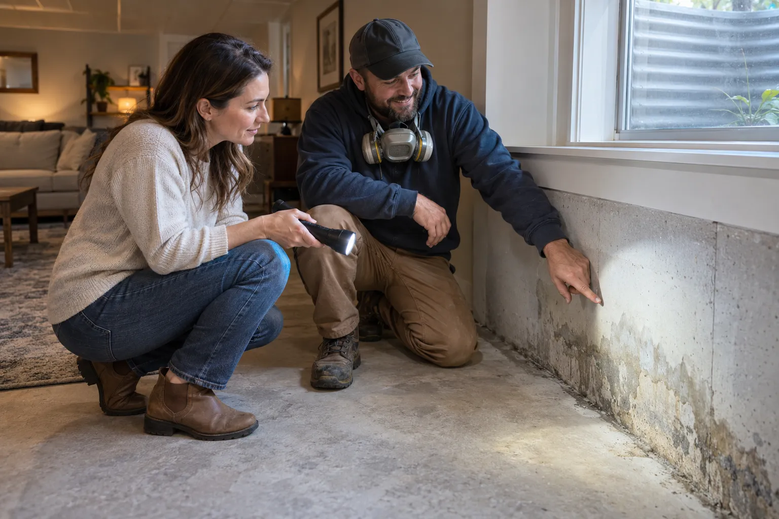 A homeowner in Eagle looking at a damp basement wall with a flashlight